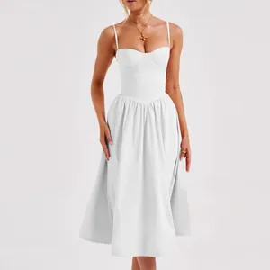 Elegant French retro white midi dress featuring corset-style top and spaghetti straps