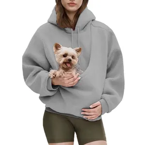 Grijze oversized fleece hoodie met functionele buidel voor huisdieren en kleine hond