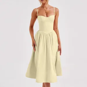 Elegant French retro cream yellow spaghetti strap midi dress with corset bustier