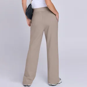 Rückansicht von khakifarbenen High-Waist-Freizeithosen für Damen, minimalistisch einfarbig