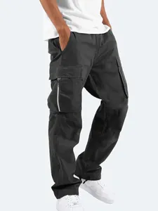 Pantalón Cargo Casual para Hombre Múltiples Bolsillos Decoración de Cremallera Dobladillo con Cordón Pierna Recta Poliéster Moda Exterior