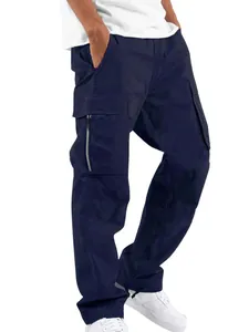 Pantalones cargo para hombre en azul marino con bolsillos con cremallera y cordón ajustable