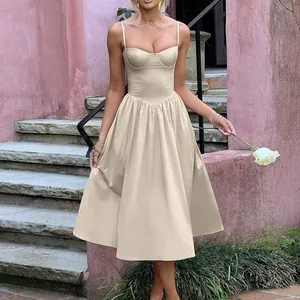 Elegant French retro cream camisole midi dress featuring a corset bustier top design.