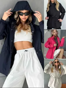 Veste Imperméable Femme Trench-coat Coupe Ajustée à Capuche Coupe-vent Couleur Unie Mode Extérieure Imperméable Pardessus Top