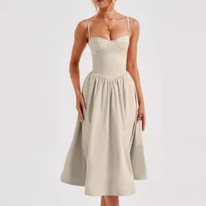 Front view of an elegant French retro cream midi dress with bustier top and pleated skirt