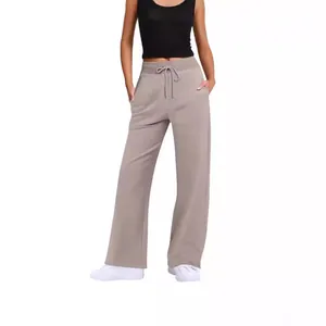 Damen Jogginghose mit hoher Taille und Kordelzug, weites Bein in Hellbraun, lässige Hose