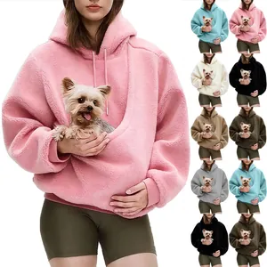 Dames Warme Pluche Huisdierzak Hoodie Alpacawol Effen Kleur Losse Pullover Sweatshirt Voor Hond Kat Vervoerder Met Capuchon Top