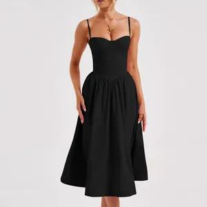 Elegant French vintage black midi dress featuring a corset bodice and full skirt