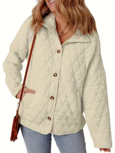 Casual cream quilted button-down jacket for women with a loose fit and round neck design.