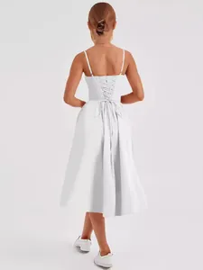 Elegant French vintage white midi dress featuring a stylish corset lace-up back.