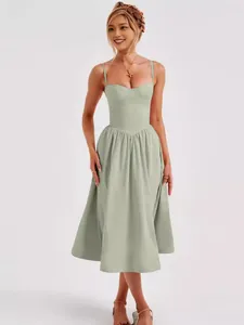 Elegant French vintage sage green spaghetti strap midi dress featuring a bustier bodice