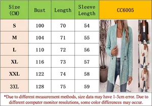 Detailed size chart for women's double-breasted knit cardigan with measurement guide in cm