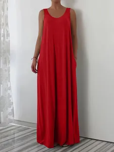 Elegant red sleeveless maxi dress featuring side pockets and a relaxed fit for summer wear