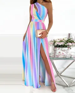 Robe longue élégante à dégradé arc-en-ciel, épaule dénudée, fente haute et découpe