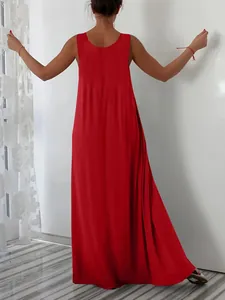 Back view of a red sleeveless maxi dress in a loose casual plus-size fit