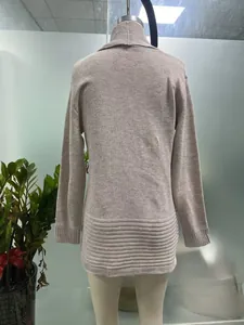 Detailed back view of women's casual mid-length knit cardigan in oatmeal beige