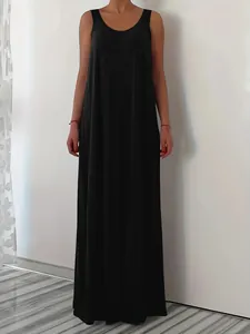 Front view of sleeveless solid black maxi dress showing relaxed fit and soft drape