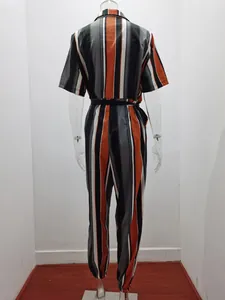 Back view of women's short sleeve vertical stripe belted jumpsuit in workwear style