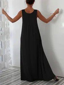 Back view of a minimalist casual sleeveless black maxi dress for plus size summer fashion