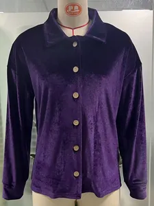 Detailed front view of a purple long-sleeved velvet shirt with a classic collar.