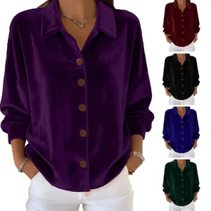 Women's casual long-sleeve velvet shirt with collar available in multiple colors
