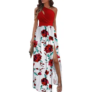 Élégante robe longue rouge à une épaule, fendue et ornée d'un imprimé floral vif