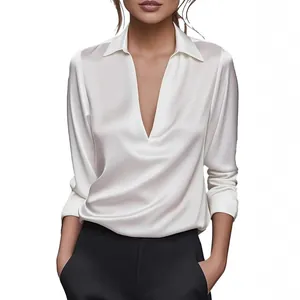 Elegante minimalistische weiße Satinbluse mit V-Ausschnitt und langen Ärmeln für Damenmode