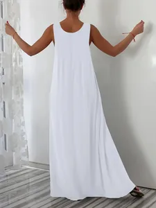 Detailed back view of a white sleeveless plus size maxi dress with a relaxed flowy fit