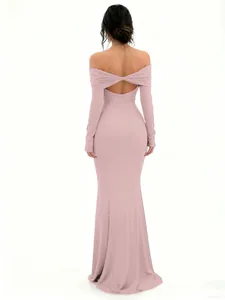 Elegant back view of pink off-the-shoulder long sleeve slim fit maxi evening dress