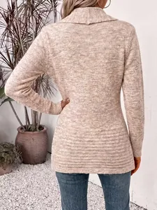 Back view of a comfortable women's beige marled knit cardigan featuring a stylish lapel collar.