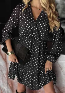 Elegant French style black polka dot midi dress with V-neck and long sleeves for women
