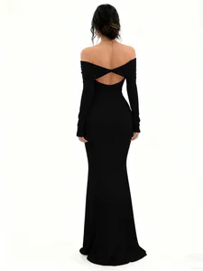 Elegant back view of an off-the-shoulder long-sleeved black mermaid evening gown.