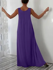 Back view of a long purple sleeveless casual maxi dress with a relaxed flowing fit