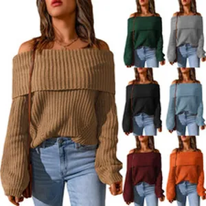 Collezione multicolore di maglioni in maglia a coste con spalle scoperte da donna a maniche lunghe