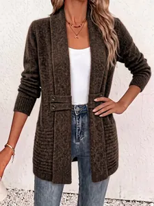 Close-up of women's coffee brown mid-length knit cardigan with decorative buttons