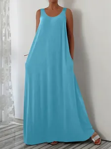 Casual sleeveless light blue maxi dress featuring functional side pockets and relaxed fit
