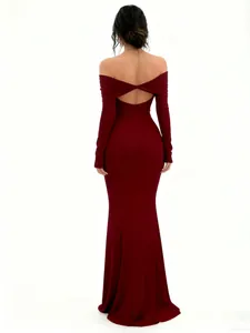 Elegant back view of burgundy off-shoulder long sleeve mermaid evening dress for women