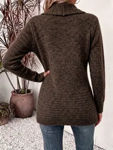 Back view of a casual mid-length leopard print knit cardigan with a stylish large collar.