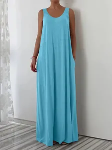 Women's casual light blue sleeveless maxi dress featuring a comfortable side pocket design