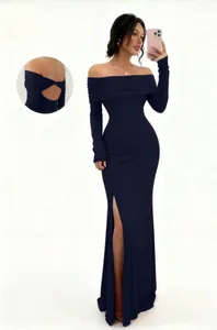 Elegant navy blue off-shoulder long sleeve slit bodycon dress with back detail view