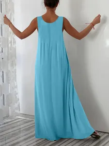 Detailed back view of a light blue sleeveless solid color plus size casual maxi dress