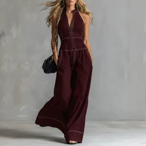 Women's burgundy sleeveless wide-leg jumpsuit with front zipper and contrast stitching