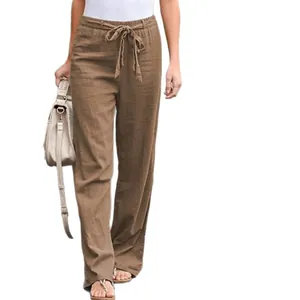 Casual women's khaki cotton linen wide-leg trousers with a stylish elastic drawstring waist