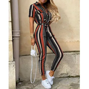 Detailed view of women's striped utility jumpsuit with lapel and belt