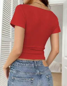 Back view of a red slim fit ribbed short sleeve top with delicate lace trim detail
