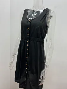 Detail view of black sleeveless button-down dress with elastic waist on transparent mannequin