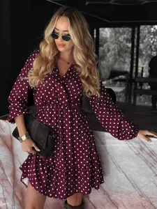 Elegant French style V-neck polka dot dress with long sleeves and elastic waist