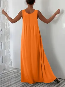 Detailed back view of a vibrant orange sleeveless casual maxi dress in a loose fit