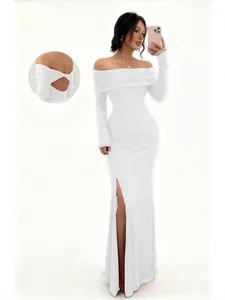 Elegant white off-the-shoulder long-sleeved slim-fit maxi dress with a side slit detail