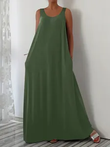 Elegant olive green sleeveless maxi dress with side pockets for summer casual wear